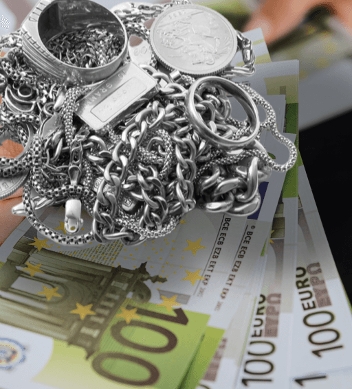 Silberankauf in Rendsburg bei Johannsson Goldankauf - Silberschmuck mit Bargeld, hundert euro scheine